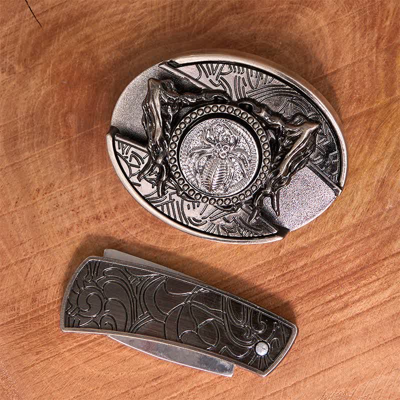 Ceinture en cuir pour homme avec couteau pliant caché et araignée rotative