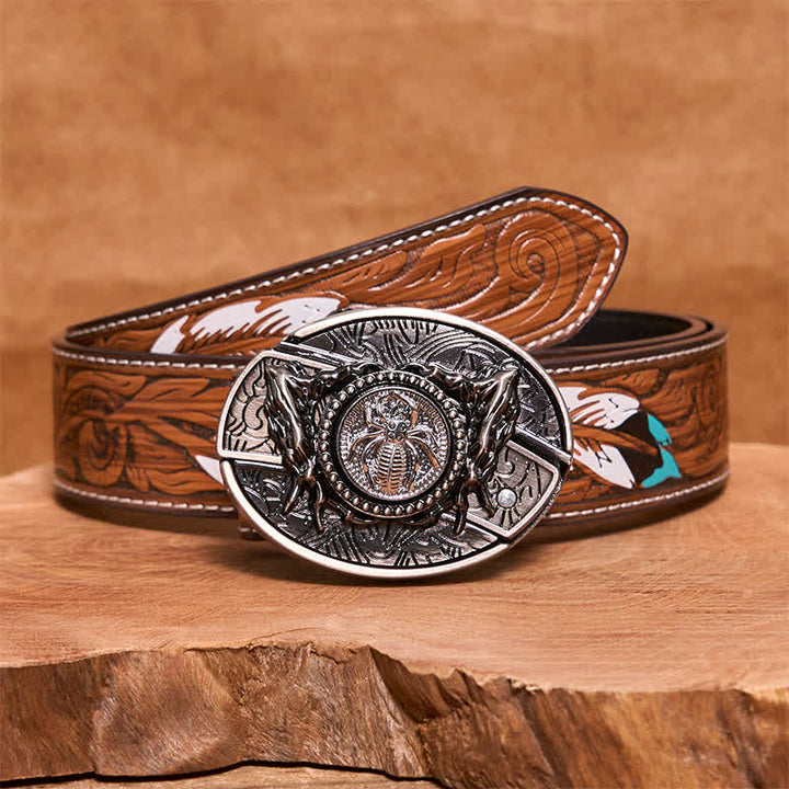 Ceinture en cuir pour homme avec couteau pliant caché et araignée rotative