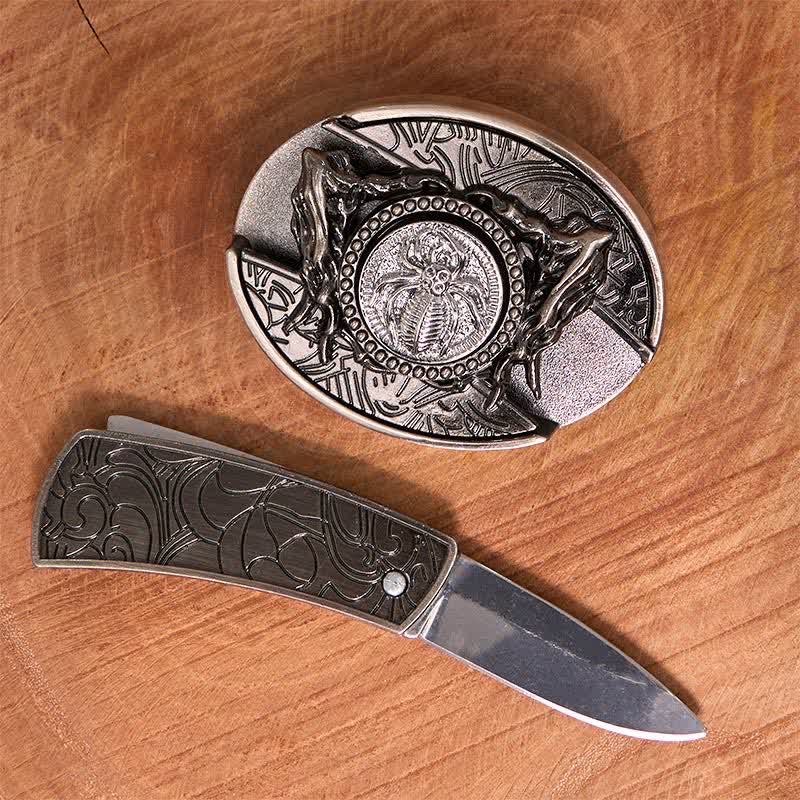 Ceinture en cuir pour homme avec couteau pliant caché et araignée rotative