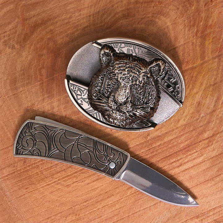 Ceinture en cuir pour homme avec couteau pliant caché en forme de tête de léopard