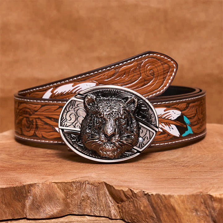 Ceinture en cuir pour homme avec couteau pliant caché en forme de tête de léopard