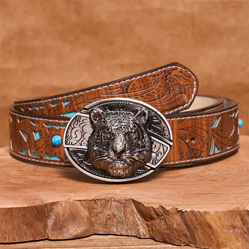 Ceinture en cuir pour homme avec couteau pliant caché en forme de tête de léopard