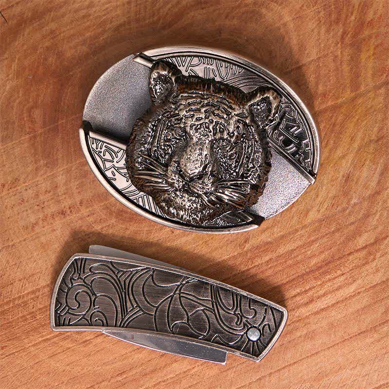 Ceinture en cuir pour homme avec couteau pliant caché en forme de tête de léopard