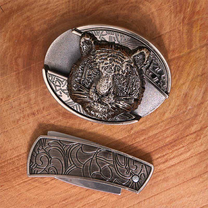 Ceinture en cuir pour homme avec couteau pliant caché en forme de tête de léopard