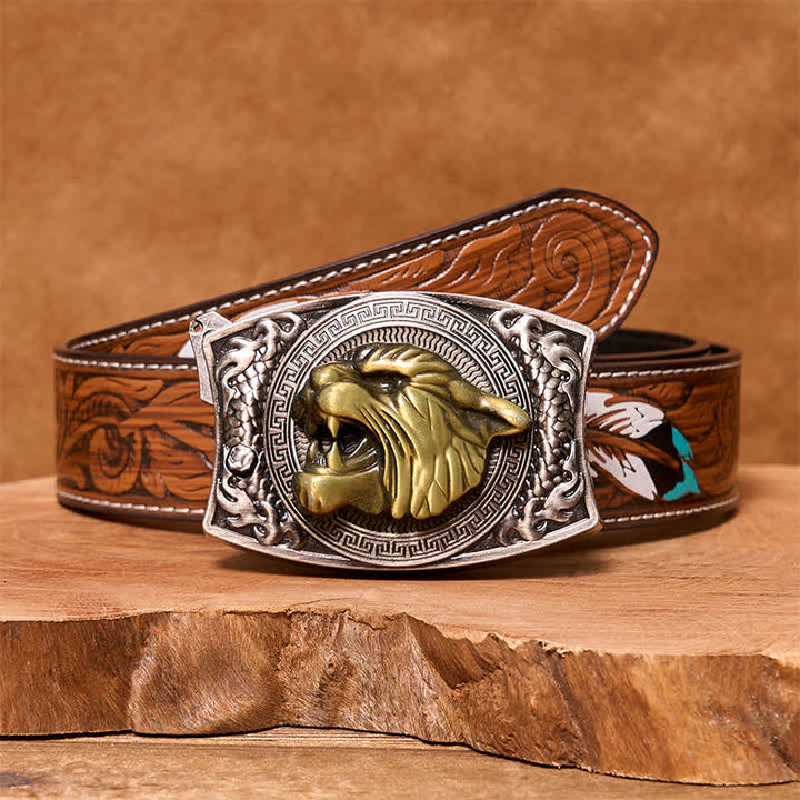 Ceinture en cuir pour homme avec couteau pliant caché tigre DIY - Tigre - Ceinture à plumes marron - 40 - image 8