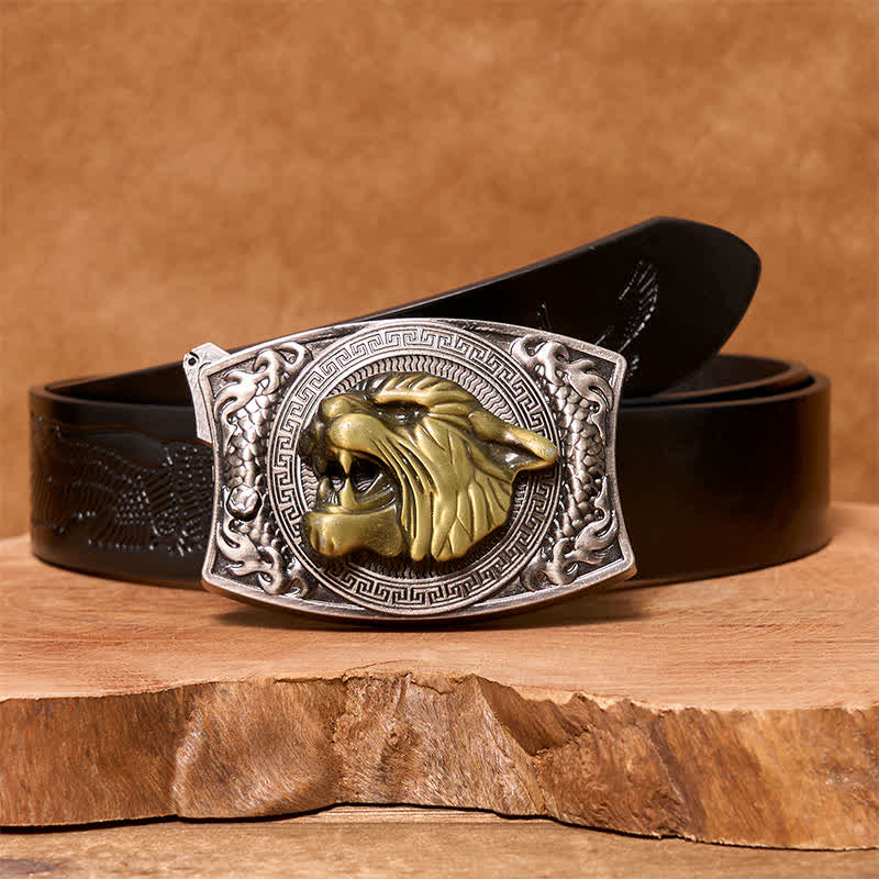 Ceinture en cuir pour homme avec couteau pliant caché tigre DIY - Tigre - Ceinture noire avec aigle en relief - 42 - image 5