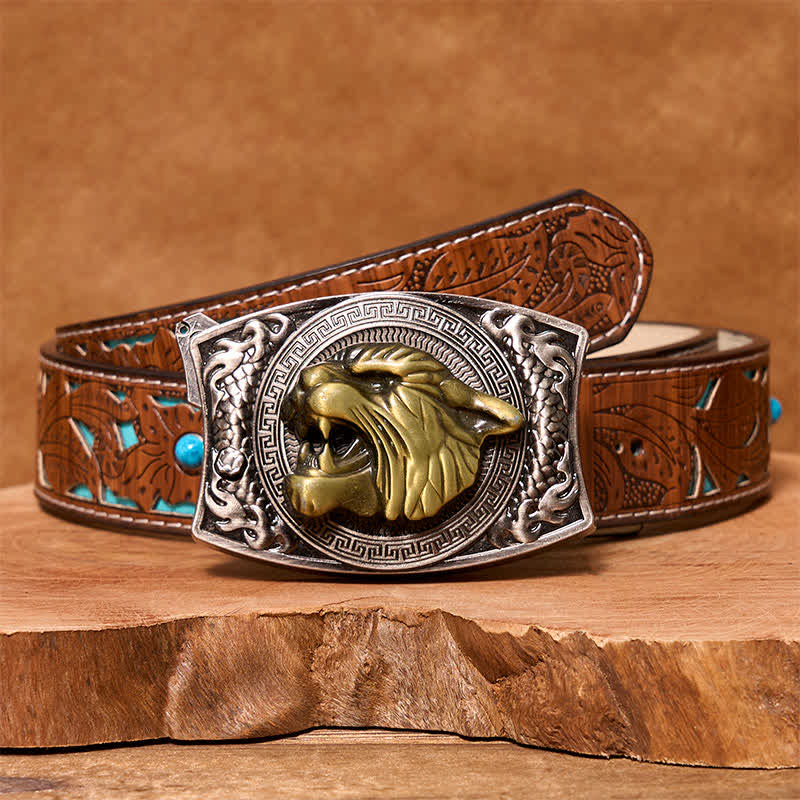 Ceinture en cuir pour homme avec couteau pliant caché tigre DIY - Tigre - Ceinture sculptée en turquoise - 42 - image 4