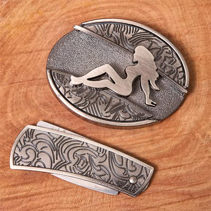 Ceinture en cuir pour homme avec couteau pliant caché et silhouette de femme