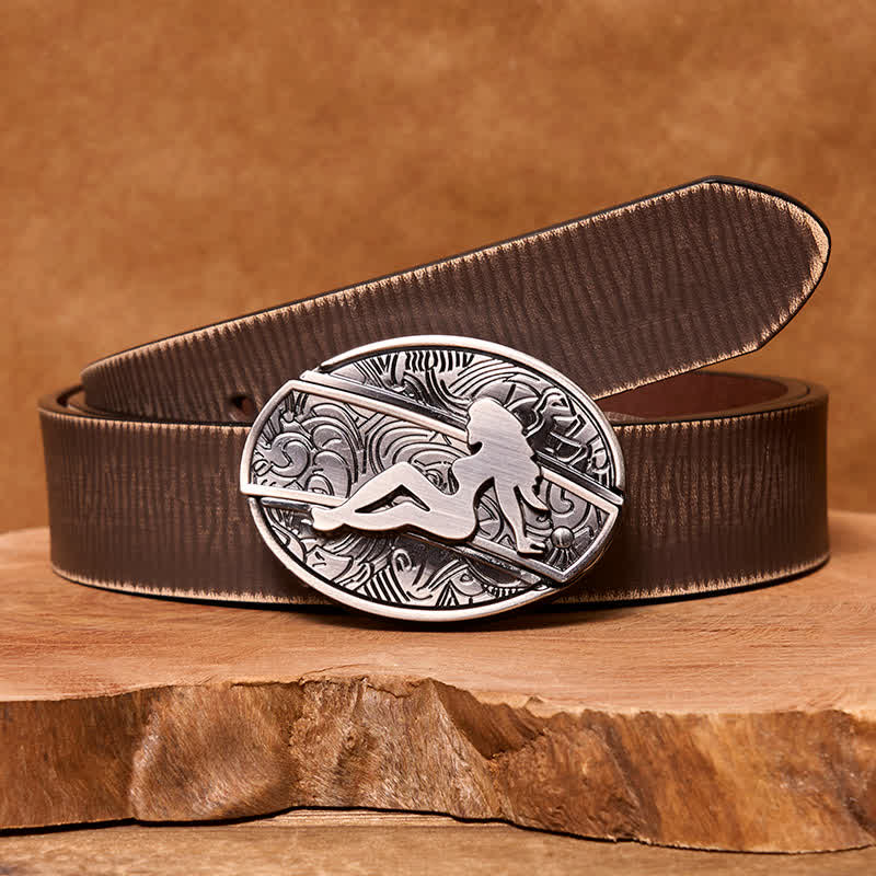 Ceinture en cuir pour homme avec couteau pliant caché et silhouette de femme