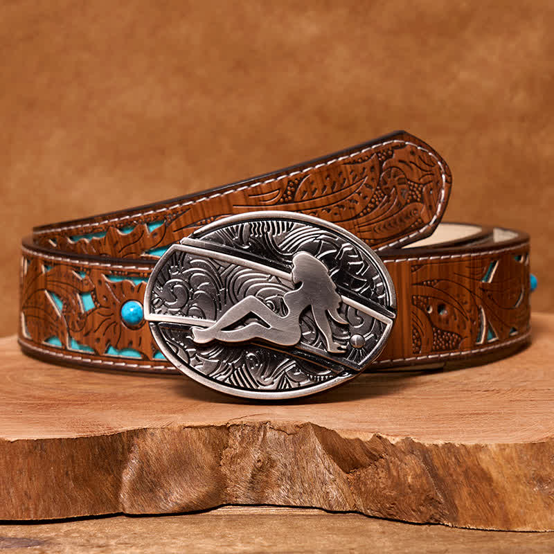 Ceinture en cuir pour homme avec couteau pliant caché et silhouette de femme