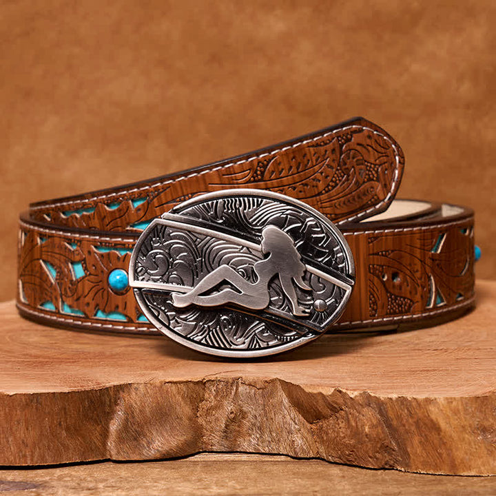 Ceinture en cuir pour homme avec couteau pliant caché et silhouette de femme