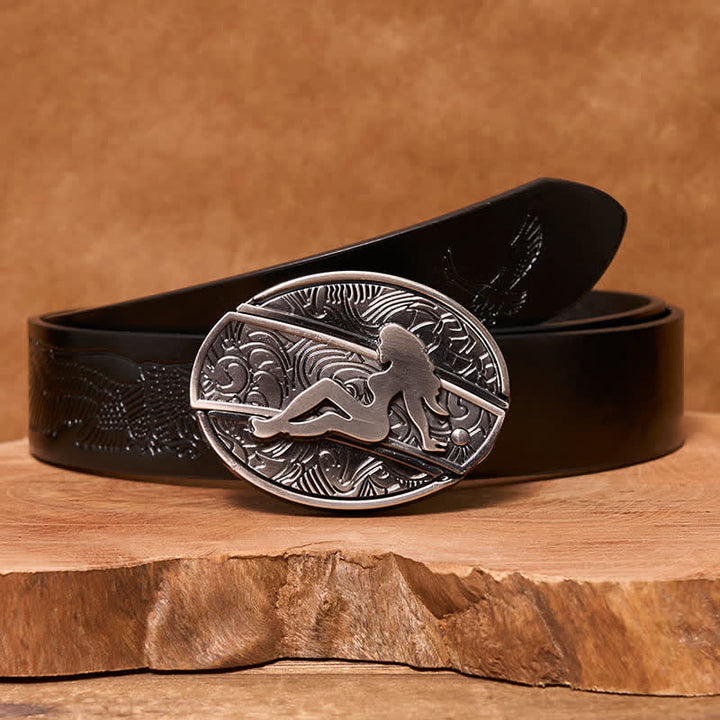 Ceinture en cuir pour homme avec couteau pliant caché et silhouette de femme