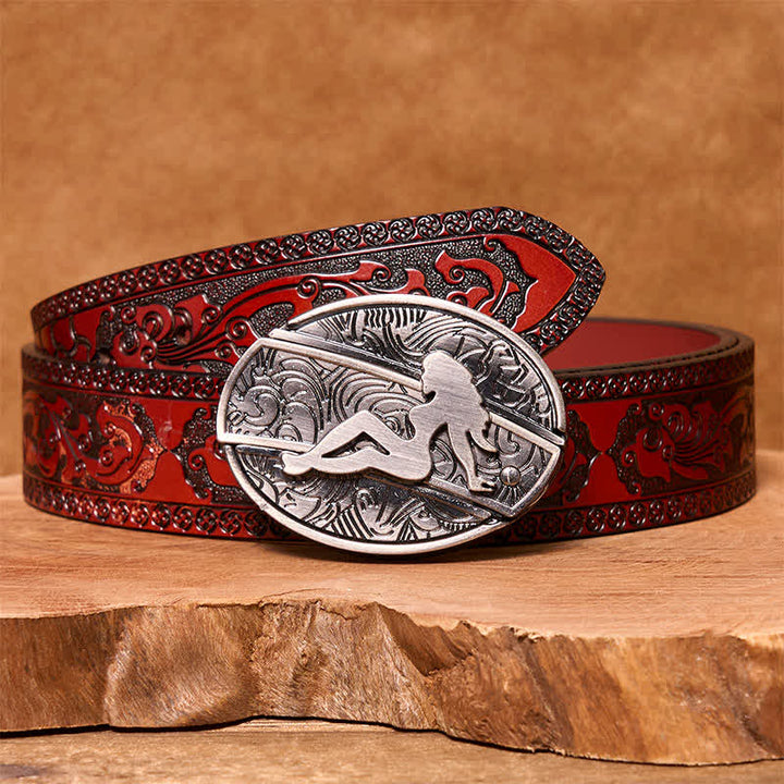 Ceinture en cuir pour homme avec couteau pliant caché et silhouette de femme
