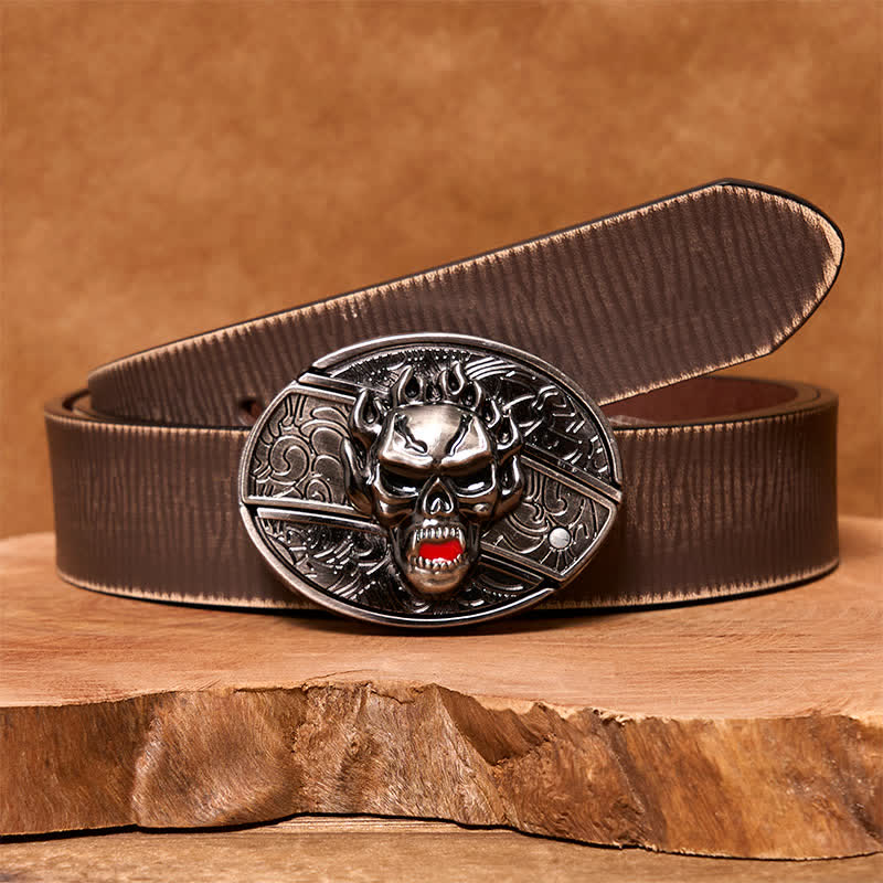 Ceinture en cuir pour homme avec couteau pliant caché et tête de mort en flamme