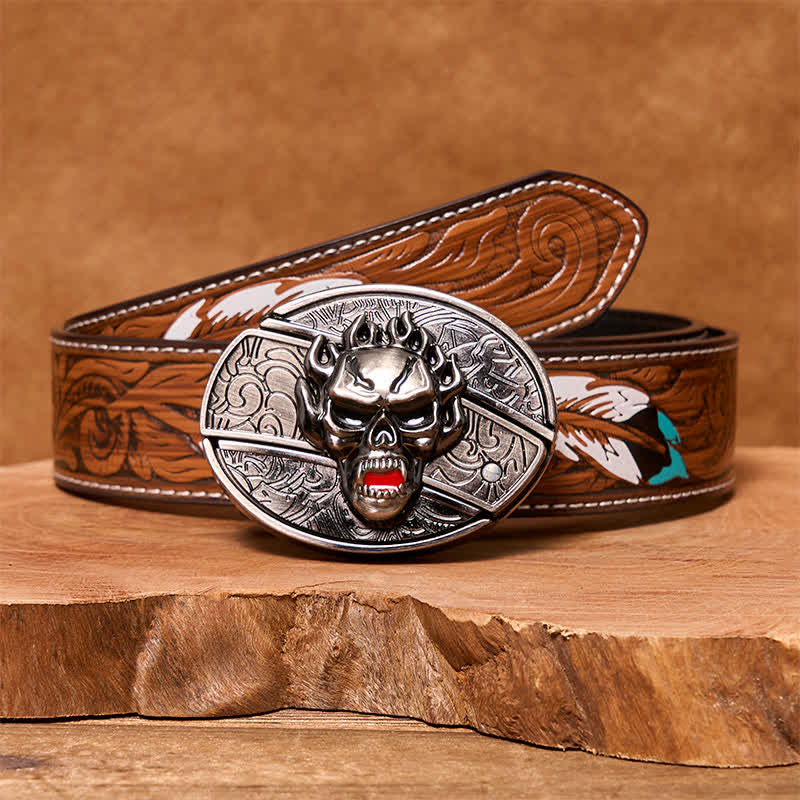 Ceinture en cuir pour homme avec couteau pliant caché et tête de mort en flamme