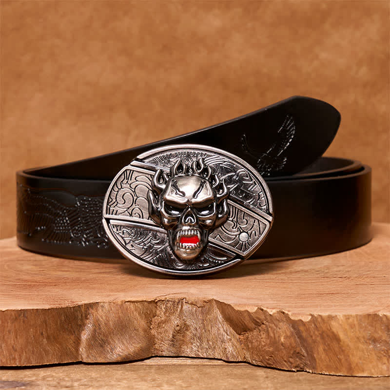 Ceinture en cuir pour homme avec couteau pliant caché et tête de mort en flamme