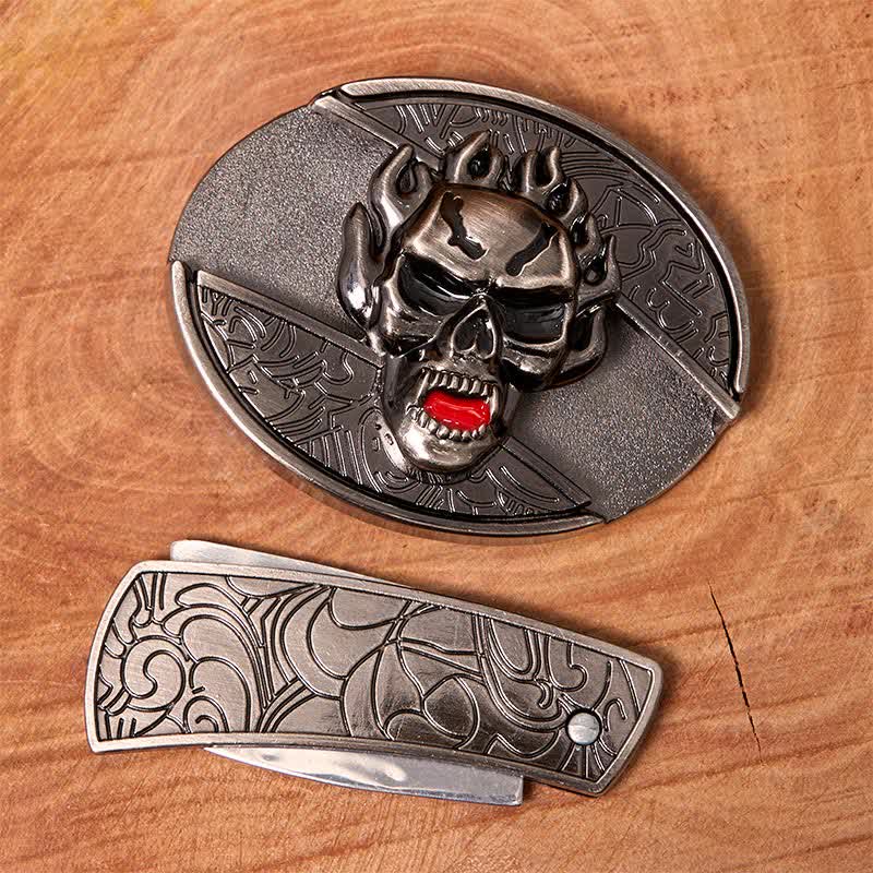 Ceinture en cuir pour homme avec couteau pliant caché et tête de mort en flamme