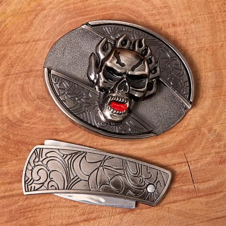 Ceinture en cuir pour homme avec couteau pliant caché et tête de mort en flamme
