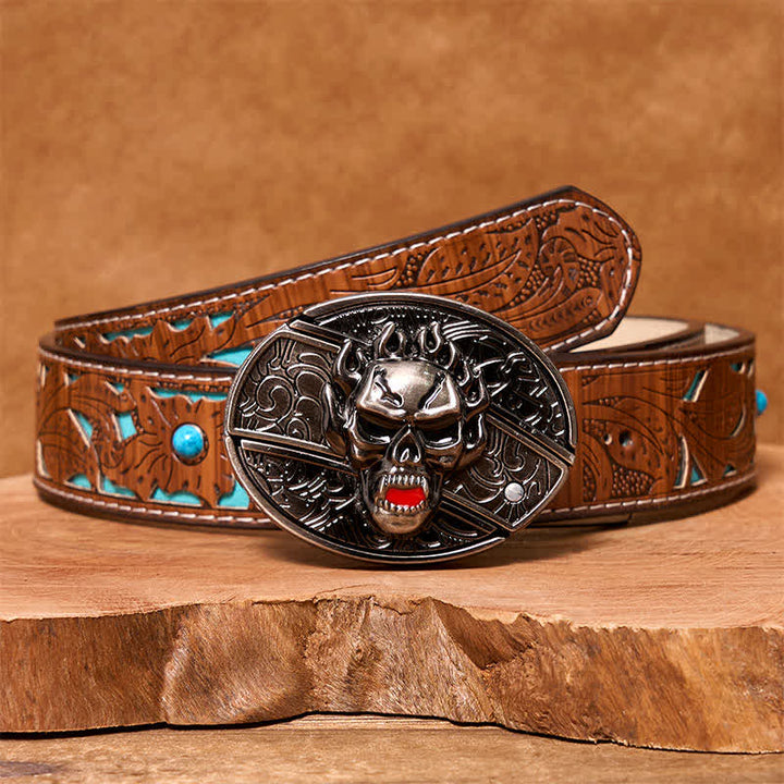 Ceinture en cuir pour homme avec couteau pliant caché et tête de mort en flamme