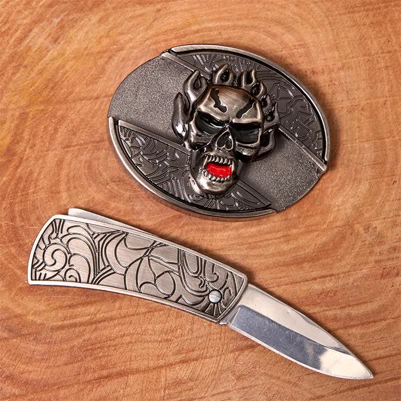 Ceinture en cuir pour homme avec couteau pliant caché et tête de mort en flamme