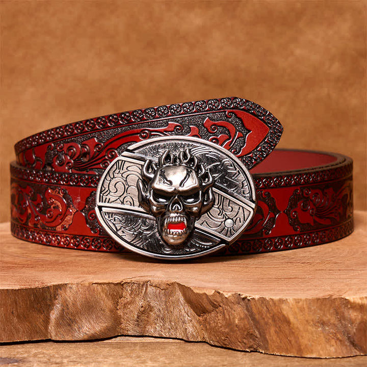 Ceinture en cuir pour homme avec couteau pliant caché et tête de mort en flamme