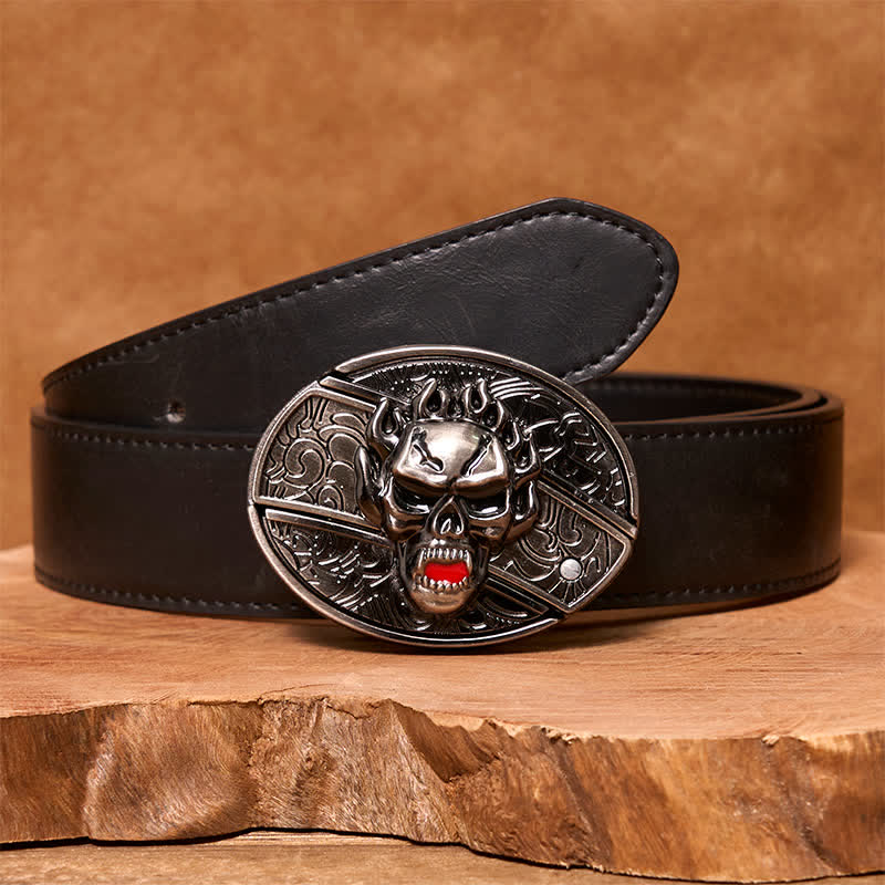 Ceinture en cuir pour homme avec couteau pliant caché et tête de mort en flamme