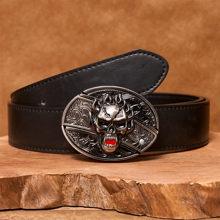 Ceinture en cuir pour homme avec couteau pliant caché et tête de mort en flamme