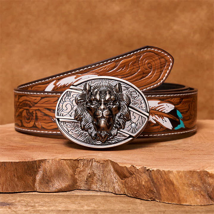 Ceinture en cuir pour homme avec couteau pliant caché et insigne de lion
