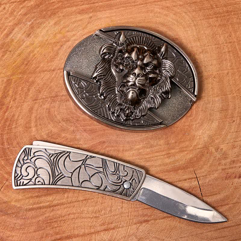 Ceinture en cuir pour homme avec couteau pliant caché et insigne de lion