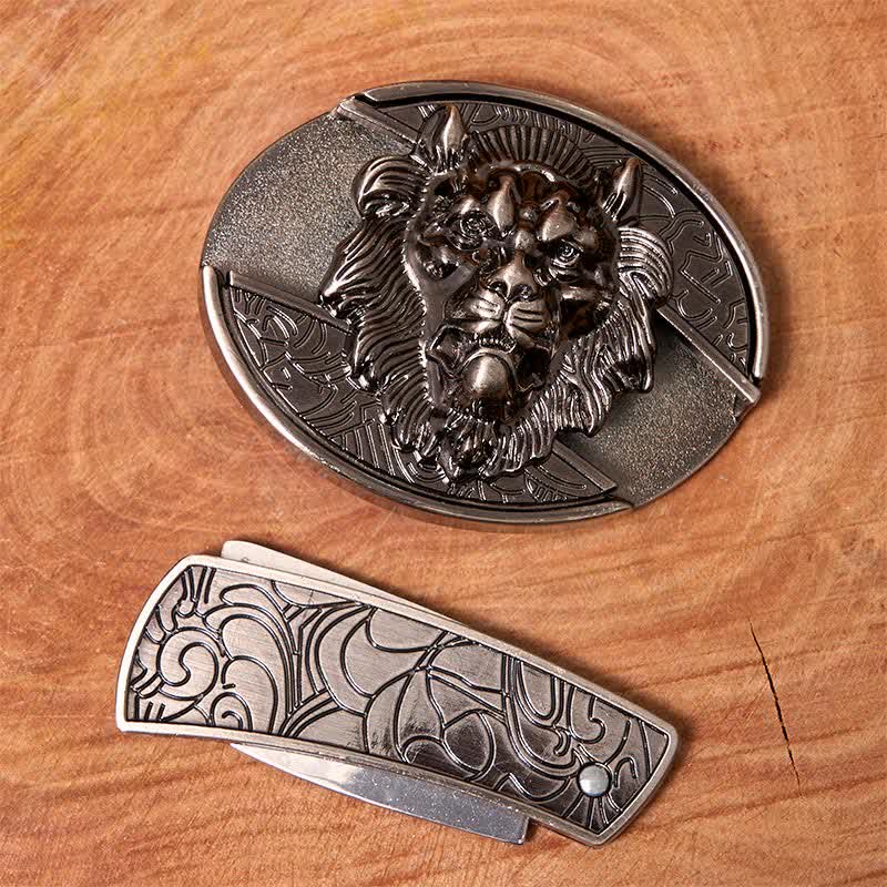 Ceinture en cuir pour homme avec couteau pliant caché et insigne de lion