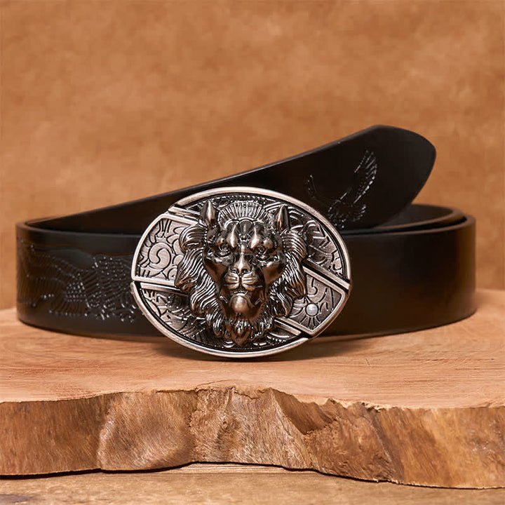 Ceinture en cuir pour homme avec couteau pliant caché et insigne de lion