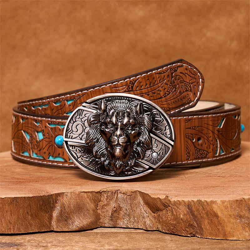 Ceinture en cuir pour homme avec couteau pliant caché et insigne de lion