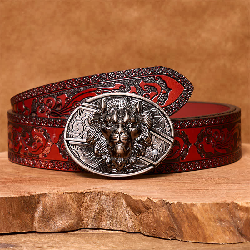Ceinture en cuir pour homme avec couteau pliant caché et insigne de lion