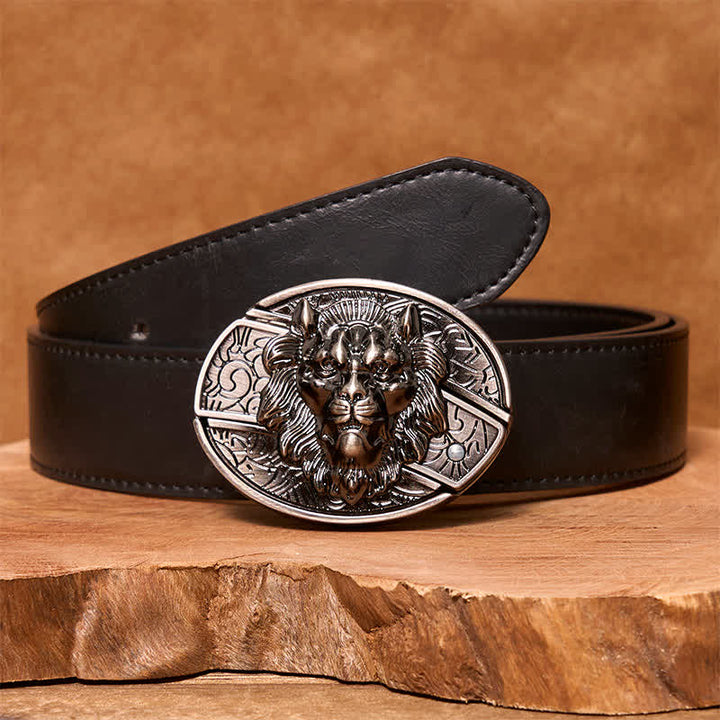 Ceinture en cuir pour homme avec couteau pliant caché et insigne de lion