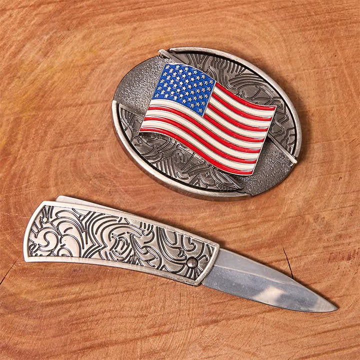 Ceinture en cuir pour homme avec couteau pliant caché et drapeau américain