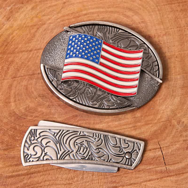 Ceinture en cuir pour homme avec couteau pliant caché et drapeau américain