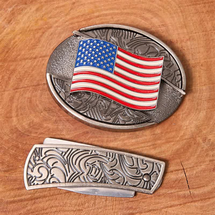 Ceinture en cuir pour homme avec couteau pliant caché et drapeau américain