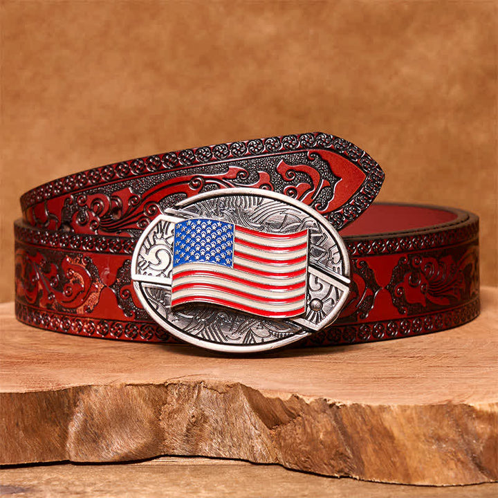 Ceinture en cuir pour homme avec couteau pliant caché et drapeau américain - Drapeau américain - Ceinture marron sculptée - 42 - image 5