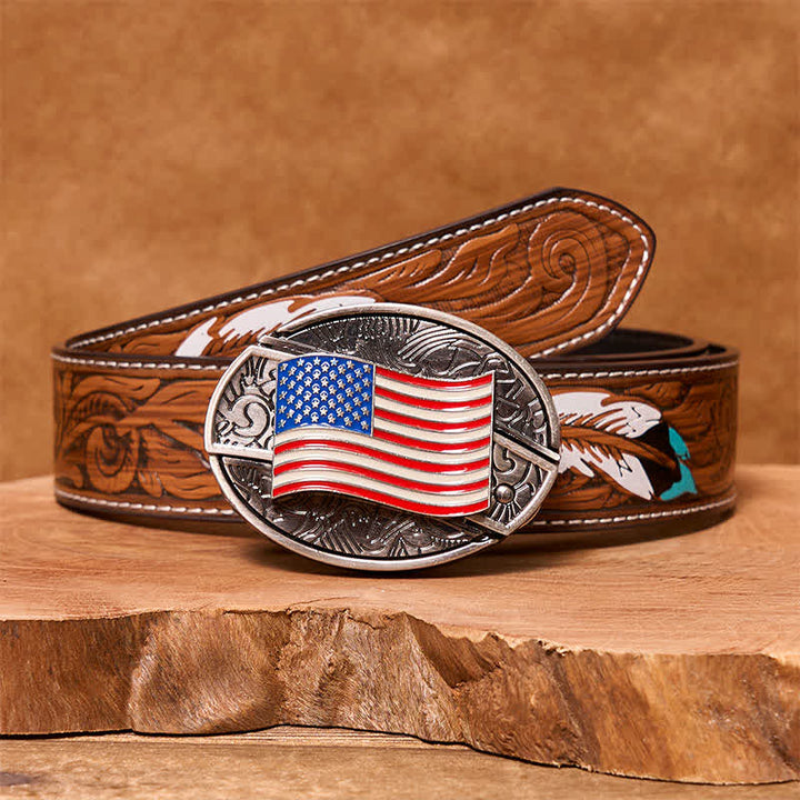 Ceinture en cuir pour homme avec couteau pliant caché et drapeau américain