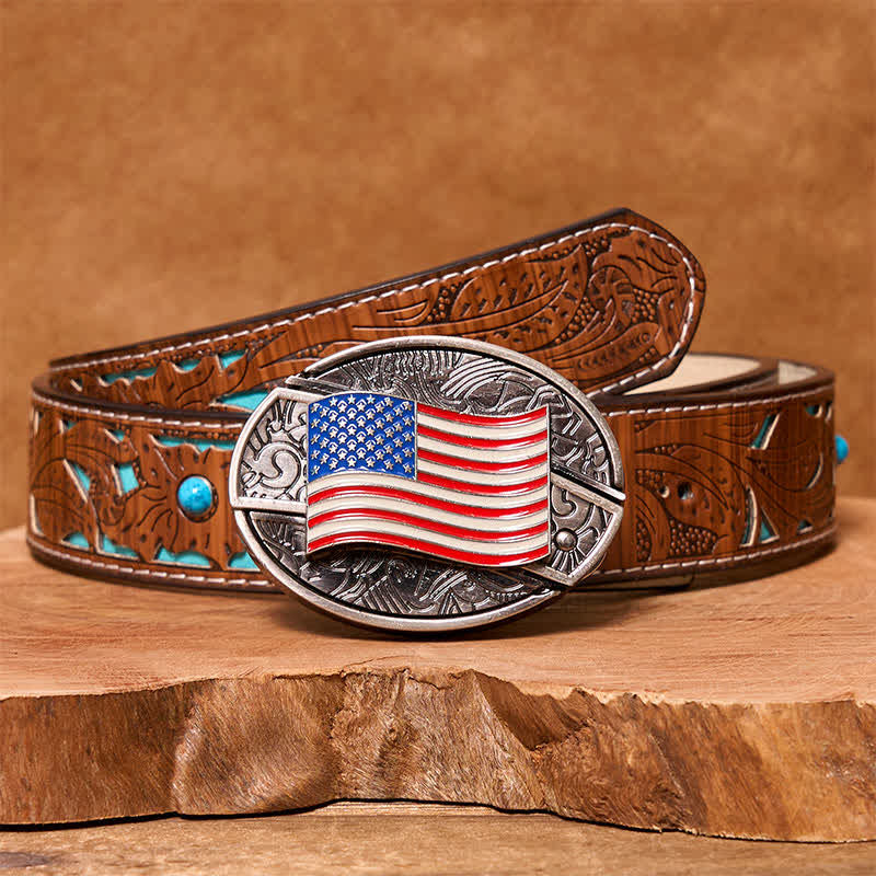 Ceinture en cuir pour homme avec couteau pliant caché et drapeau américain