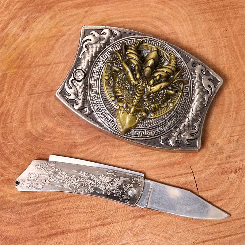 Ceinture en cuir pour homme avec couteau pliant caché et dragon à bec pointu