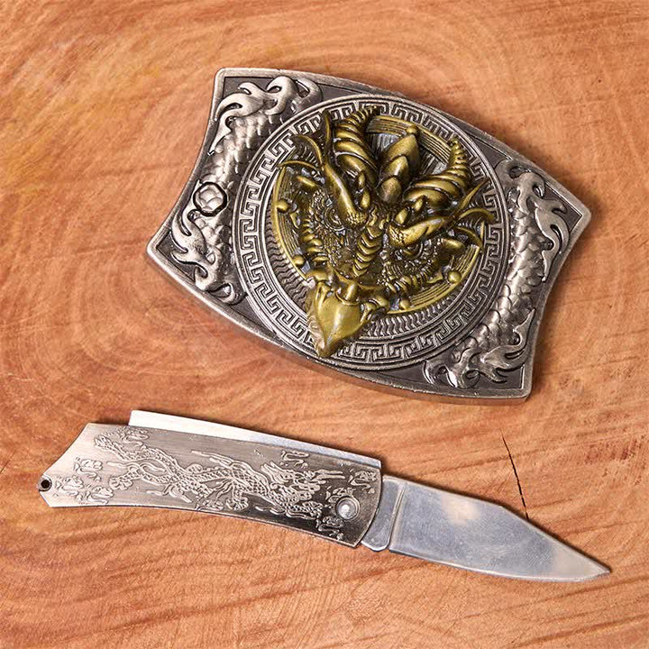 Ceinture en cuir pour homme avec couteau pliant caché et dragon à bec pointu