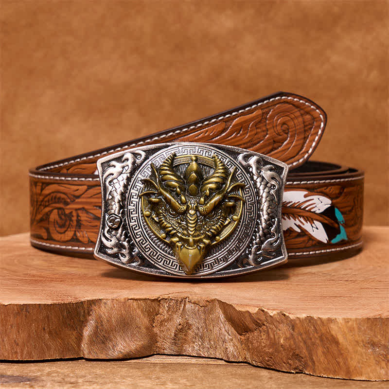 Ceinture en cuir pour homme avec couteau pliant caché et dragon à bec pointu
