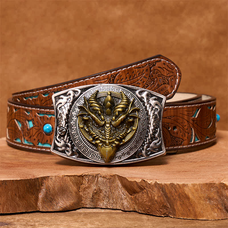 Ceinture en cuir pour homme avec couteau pliant caché et dragon à bec pointu