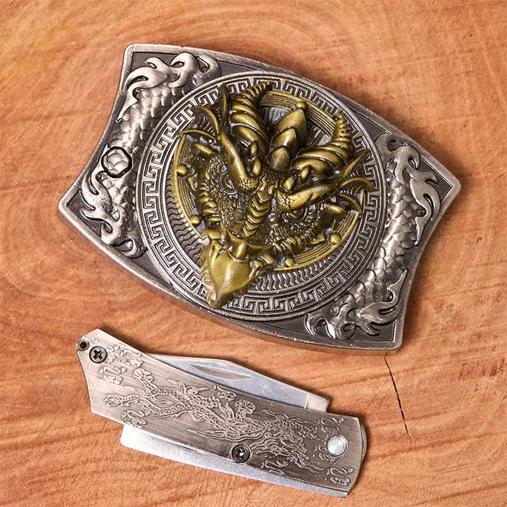 Ceinture en cuir pour homme avec couteau pliant caché et dragon à bec pointu