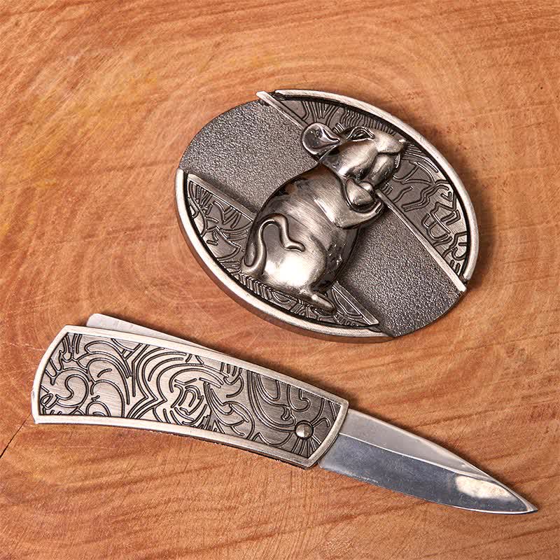 Ceinture en cuir pour homme avec couteau pliant caché en forme de hamster