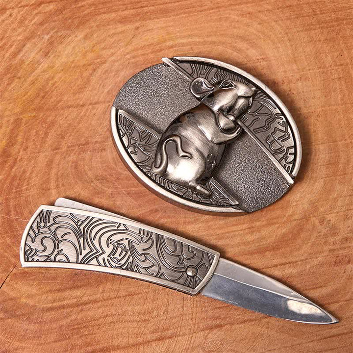 Ceinture en cuir pour homme avec couteau pliant caché en forme de hamster