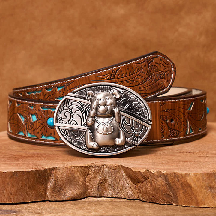 Ceinture en cuir pour homme avec couteau pliant caché en forme de cochon