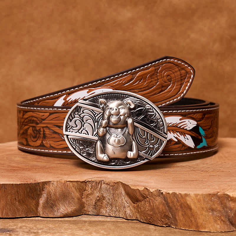 Ceinture en cuir pour homme avec couteau pliant caché en forme de cochon