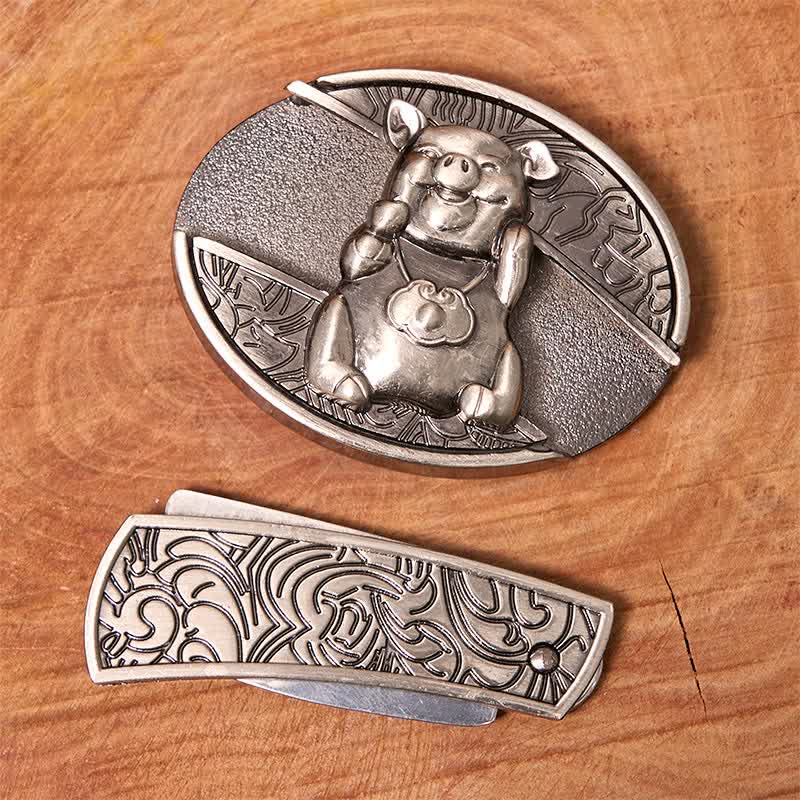 Ceinture en cuir pour homme avec couteau pliant caché en forme de cochon